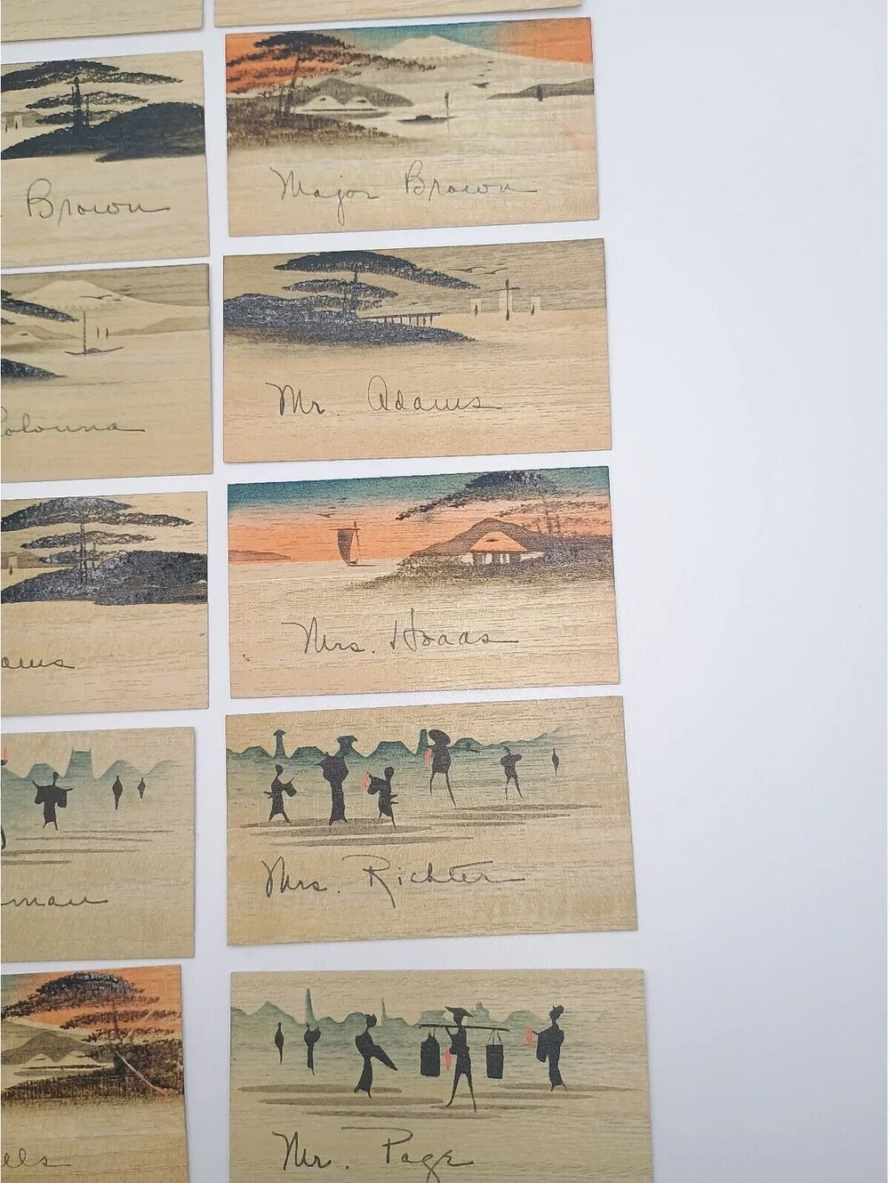 Set of 22 Vintage Japanese Wood Veneer Calling Cards with Names